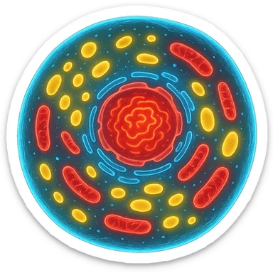 Zelle, deren Inhalt leuchtet in verschiedenen Farben (z. B. blau für Wasser, rot für Proteine, gelb für Lipide sticker