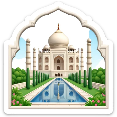 Cinematic Realistic Taj Mahal Landmark Emoji, depicted as the iconic marble mausoleum set amidst lush gardens rendered with intricate detail and ethereal, soft lighting. sticker