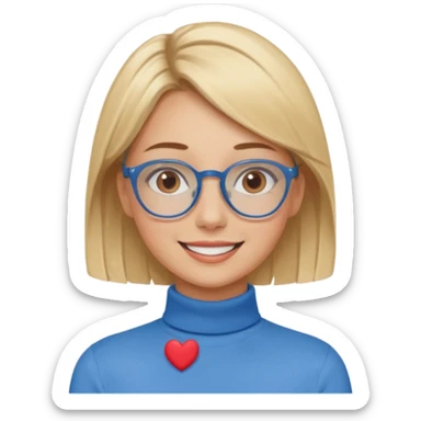 Asthectic pretty Blonde women brown eyes, blue glasses, wearing a brown polo neck shirt and smiling with little hearts around her. sticker