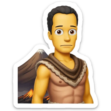 a simpson guy wearing ancient animal skin cloth with volcano behind, half body, icon sticker