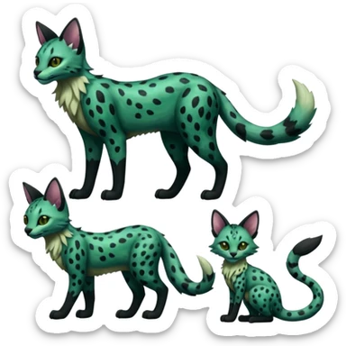 Epic complex detailed dark dusky gloomy deep gothic dark-deep-green, black, realistic Fakémon-Sprigatito-Floragato-Meowscarada-Trico-Sergal-Serval-Vernid-creature (full body) sticker