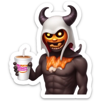 a demon holding a dunkin donuts coffee cup sticker
