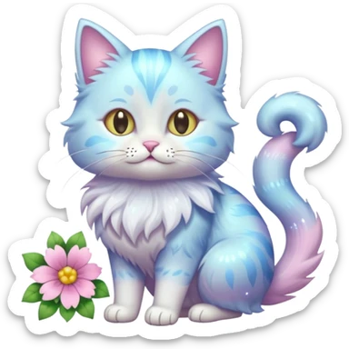 Pastel colorful shiny ethereal elegant pretty beautiful realistic furry fluffy cute glossy glittery cat with flowers and pastel colors aesthetic (full body) sticker