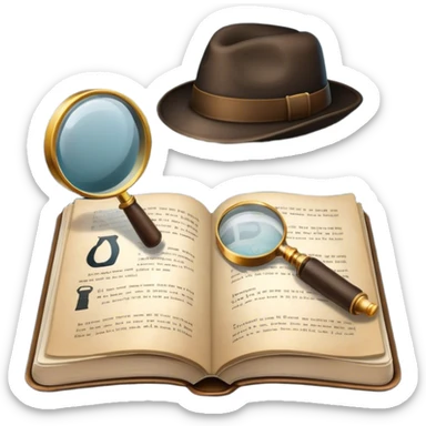 Icon for Detective Reading: an open book with text and one magnifying glass, a detective’s hat and a notebook with clues, surrounded by dark shadows and mysterious elements like footprints. Transparent background. sticker
