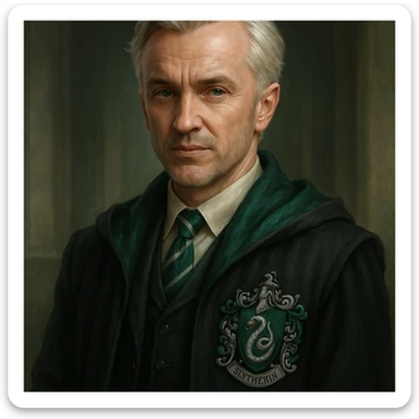 37-year-old Draco Malfoy, confident expression, silver hair, Slytherin colors, fantasy character sticker