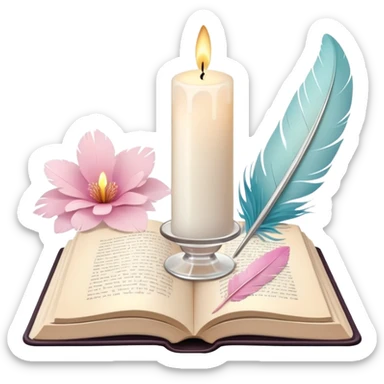 Aesthetic candle, feather quill in ink glass, open book, flower petals sticker