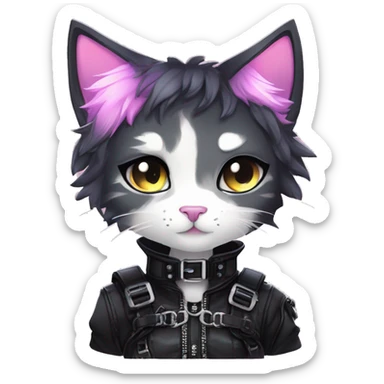 Gorgeous edgy cute shiny epic punk magical gradient gothic dark techwear anime style anthro cat with blushing face aesthetic and pretty edgy black with collar and harness trending style sticker