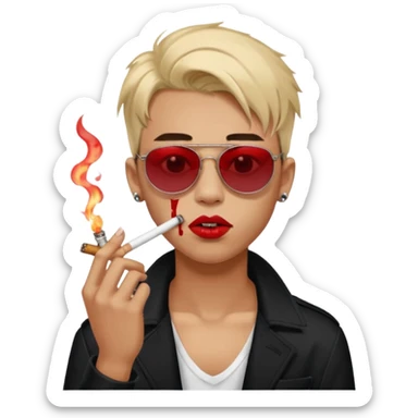 boy high fashion model with lip piercing sunglasses blood smoking cigarette sticker