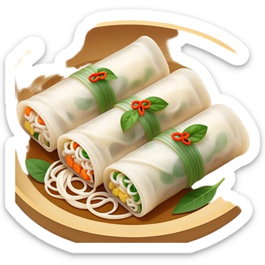 Hangzhou Pian Er Chuan thin rice noodle rolls with fillings, simplified emoji style with bold outlines and bright colors, cartoon style Zhejiang specialty resembling Cheung Fun sticker