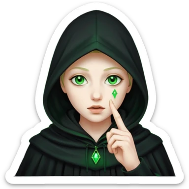 hooded figure with glowing eyes, holding a finger to lips, secrecy and Illuminati vibes sticker