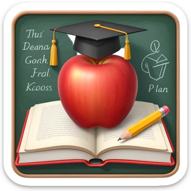 An icon featuring an open book, a pencil, and an apple, symbolizing education and pedagogy. The design includes a chalkboard with a lesson plan and a graduation cap, representing teaching and learning. Transparent background highlights the nurturing of knowledge and growth. sticker