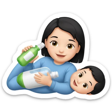 A baby with black hair holding a bottle while laying down sticker