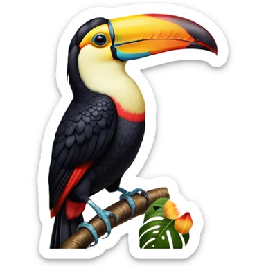 Cinematic Noble Toucan Portrait Emoji, Poised and regal, with a vibrant, striking beak and a sleek, colorful body adorned with bold patterns and keen, observant eyes, Simplified yet sharp and sophisticated features, highly detailed, glowing with a soft, tropical radiance, high shine, intelligent and majestic, stylized with an air of exotic elegance, focused and alert, soft glowing outline, capturing the essence of a watchful and confident avian guardian that appears ready to take flight out of the screen with effortless authority! sticker