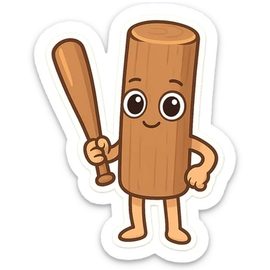 Chibi emoji of Tun Tun Suhoor, wooden stick body, smooth brown texture, big cartoon eyes on the stick, small smile, human arms and legs, holding a wooden bat, absurd and funny meme style, no text sticker
