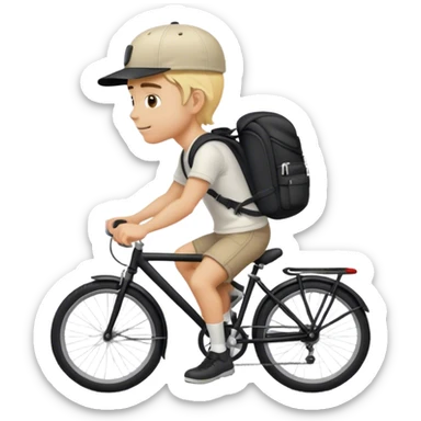 A blond guy in a cap and with a backpack on his back rides a black bike sticker
