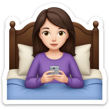 Brunette woman cozy in bed using iPhone  sticker