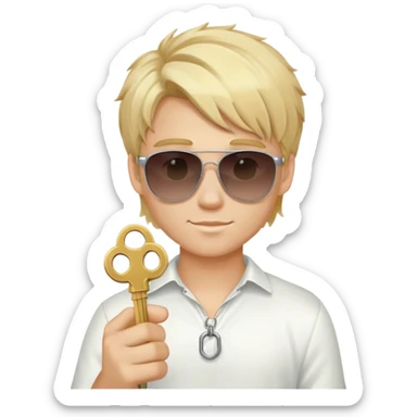 A young blond man, with a gradient in the hair and sunglasses. He holds a key sticker