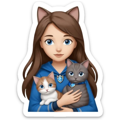 gorgeous Girl with light skin, blue eyes, long brown hair, wears a ravenclaw outfit, with a grey and white cat holding in her arms sticker