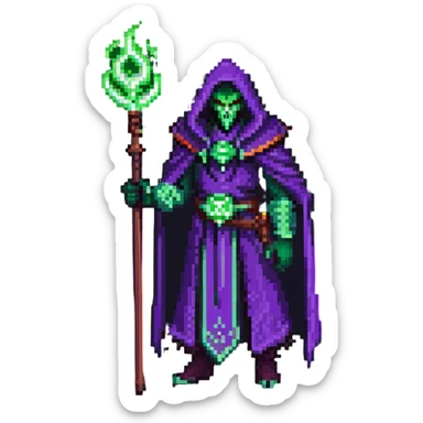 warlock with purple robes, green fel magic, demonic energy, holding a staff, World of Warcraft character sticker