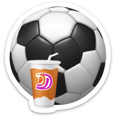 A soccer ball holding a Dunkin drink sticker