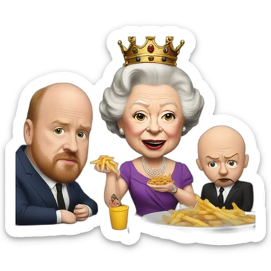 Queen Elizabeth II eating fries with louis c.k. And Warwick davis sticker