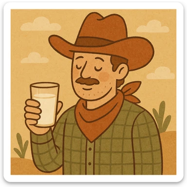 a cowboy holding a glass of milk, western theme, warm colors, detailed illustration sticker