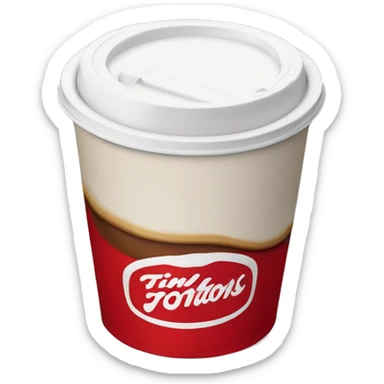 “Red Tim Hortons coffee cup with large white ‘Tim Hortons’ logo in script, black plastic lid, and a simple, clean design.” sticker