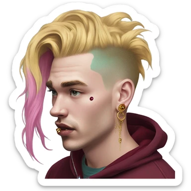 Vintage grunge patina intricate swirls golden sparkle Deep pink maroon burgundy cyan dark hoodie man dyed hair and gold piercings nose piercing ear piercings ice cream  sticker
