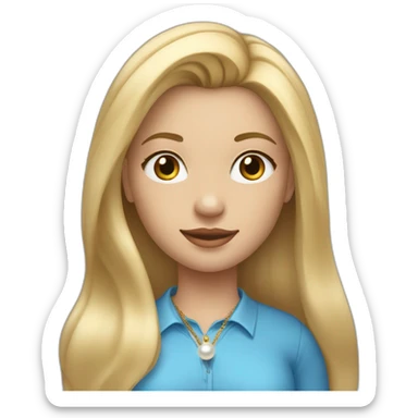 blonde girl with long straight hair dressed in a blue shirt with pearl earrings and a golden pendant sticker