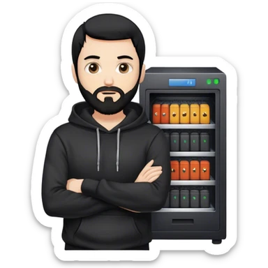 hackeur blanc cheveux noir barbe et capuche noir à côté d'un server sticker