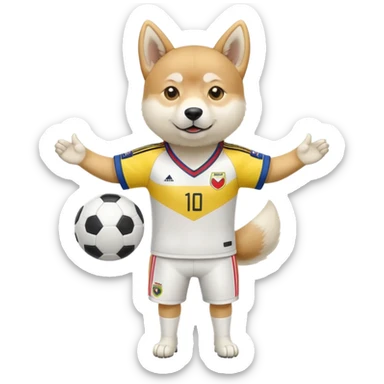 White Shibu Inu wearing a Colombian soccer jersey sticker