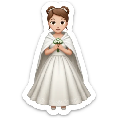 Cuerpo entero, chica blanca, pelo castaño, pelo recogido con mondongos, vestido novia con chal invierno sticker