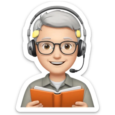 intelligent young white man, doing data analysis, wearing glasses, small headphones, big smile, short gray hair sticker