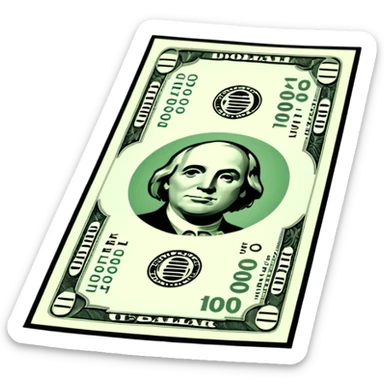 3D realistic US 100 dollar bill sticker, slight perspective, centered, clean cutout, transparent background, no text, no watermark sticker