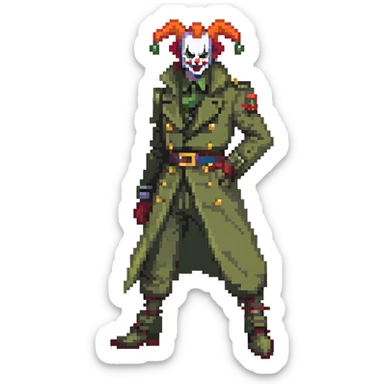 evil clown soldier, bald, small black horns on forehead, fangs, pointed ears, eye patch over one eye, long coat over black and military green clothes with bellbottom pants, tail, realistically proportioned, less bulky, full body, fighting stance sticker