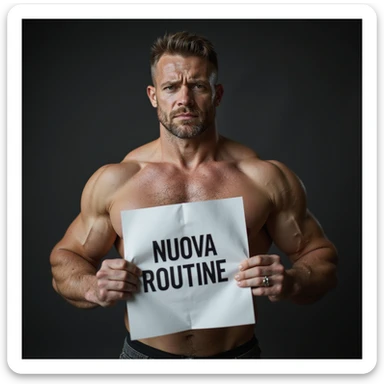 hyperrealistic 4K image of a muscular fitness man with a sad face, holding a sheet with the text 'NUOVA ROUTINE', no background sticker