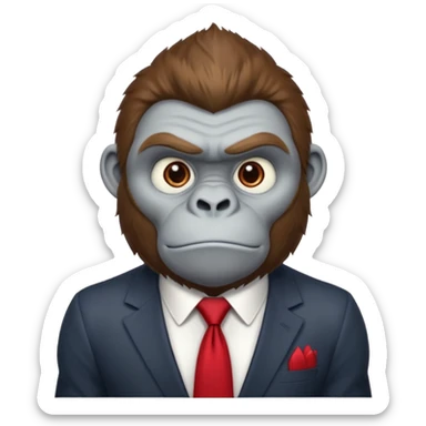 Brown haired cartoon gorilla with tufted tip of hair on the top of his head, light skin tone, heavy brows and cartoony eyes, he is a strong ape with and a red tie, but doesn't were any suit  sticker