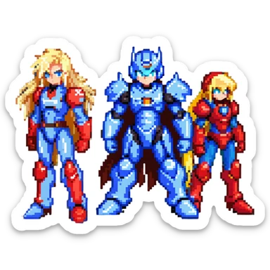 Megaman X in blue armor, Zero with long blonde hair and red armor, and Sigma with a scar, as friends posing together sticker