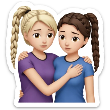 Comforting Hug two white skin women, one shorter woman with brown simple top ponytail, not braided, and one taller sad woman with a single long black side braid sticker