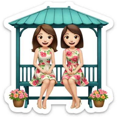 Two brunette women sitting on a white gazebo sticker