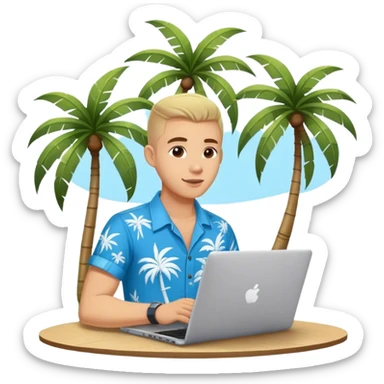 A digital nomad in bali working on a laptop wearing a tropical blue shirt with a palm tree on the side sticker
