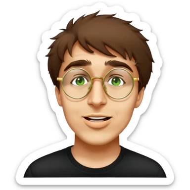 male, round gold glasses, black tshirt sticker