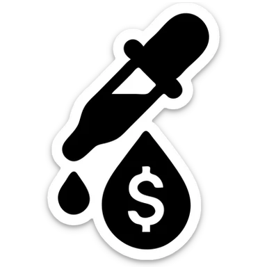 solid icon of a pipette at the top of a golden drop with a dollar sign inside the drop sticker
