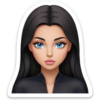 Glamours make-up, tanned, beautiful, girl, with blue eyes, big pump peach-beige-rose lips, eyeliner, long lashes, black straight smooth silky long hair, parting hair in the middle,  in black v-neck bodysuit long sleeves sticker