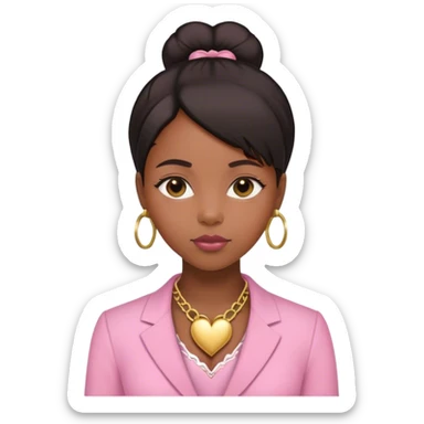 Black girl with straight hair down with baby edges and formal clothes that are pink for her interview and a gold heart necklace  sticker