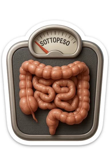 bilancia pesapersone con la scritta "SOTTOPESO" SUL DISPLAY, INTESTINO UMANO SULLA BILANCIA, stile emoji iphone, iperrealistico 4k sticker