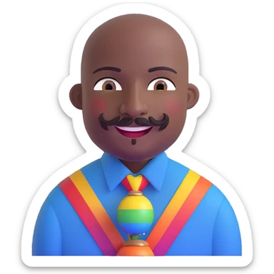 Oxumarê as a very happy and spontaneous smiling 37-year-old bald man with very dark skin, smooth oval head, indigenous facial features, mustache with circular beard only on chin (no hair on sides), a round mole on the right side below the lip, wearing a blue striped dress shirt, and a rainbow serpent, Memoji style sticker