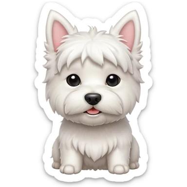 Cinematic Cute West Highland White Terrier Portrait Emoji, Head tilted playfully and inquisitively, featuring a fluffy, immaculate white coat with perky ears, round, sparkling dark eyes filled with curiosity, Simplified yet irresistibly adorable features, highly detailed, glowing with a warm, friendly glow, high shine, affectionate and lively, stylized with a touch of whimsy, bright and endearing, soft glowing outline, capturing the essence of a mischievous yet loving pup, so playful it feels like it could bound out of the screen and into your arms! sticker
