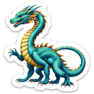 Mušḫuššu, official blueprint: long scaled serpent-dragon body, lion forelegs with feline paws, bird-like hind legs with talons, long neck, dragon head with horn or crest, lizard tail, blue or turquoise sticker