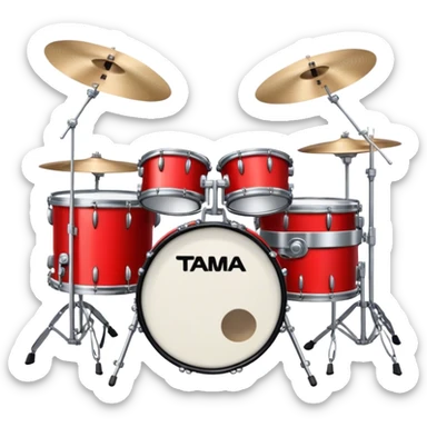 Create a powerful and dynamic emoji representing a TAMA drum kit with two bass drums. The design should feature two prominent bass drums positioned in the center, with snare drums, toms, and cymbals arranged around them. Add drumsticks crossing over the drums to symbolize action and rhythm. Use bold colors like black, silver, and red to emphasize the high-performance nature of the TAMA kit. The background should be transparent. sticker